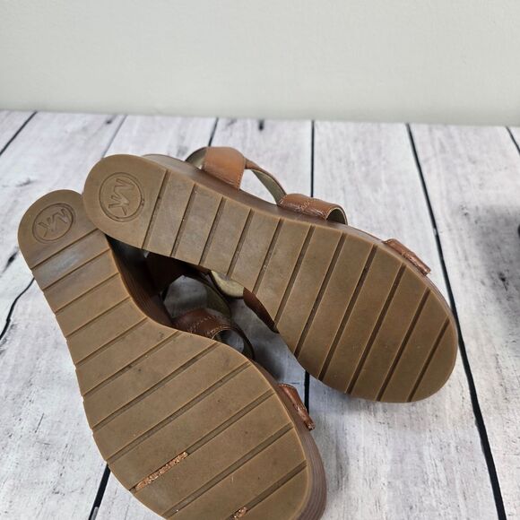 Michael Kors Berkley T- Strap Tan Leather Wedge Sandals - Picture 5 of 8